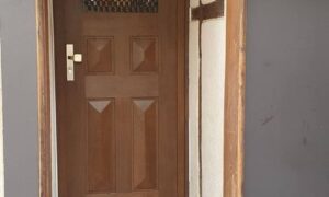 Nouvelle porte d'entrée en chêne au fond d'une entrée avec marches